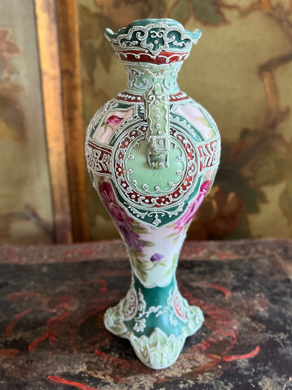 Live 08/25 Elaborate Antique Japanese Meiji Slip-Trailed Moriage Porcelain Vase