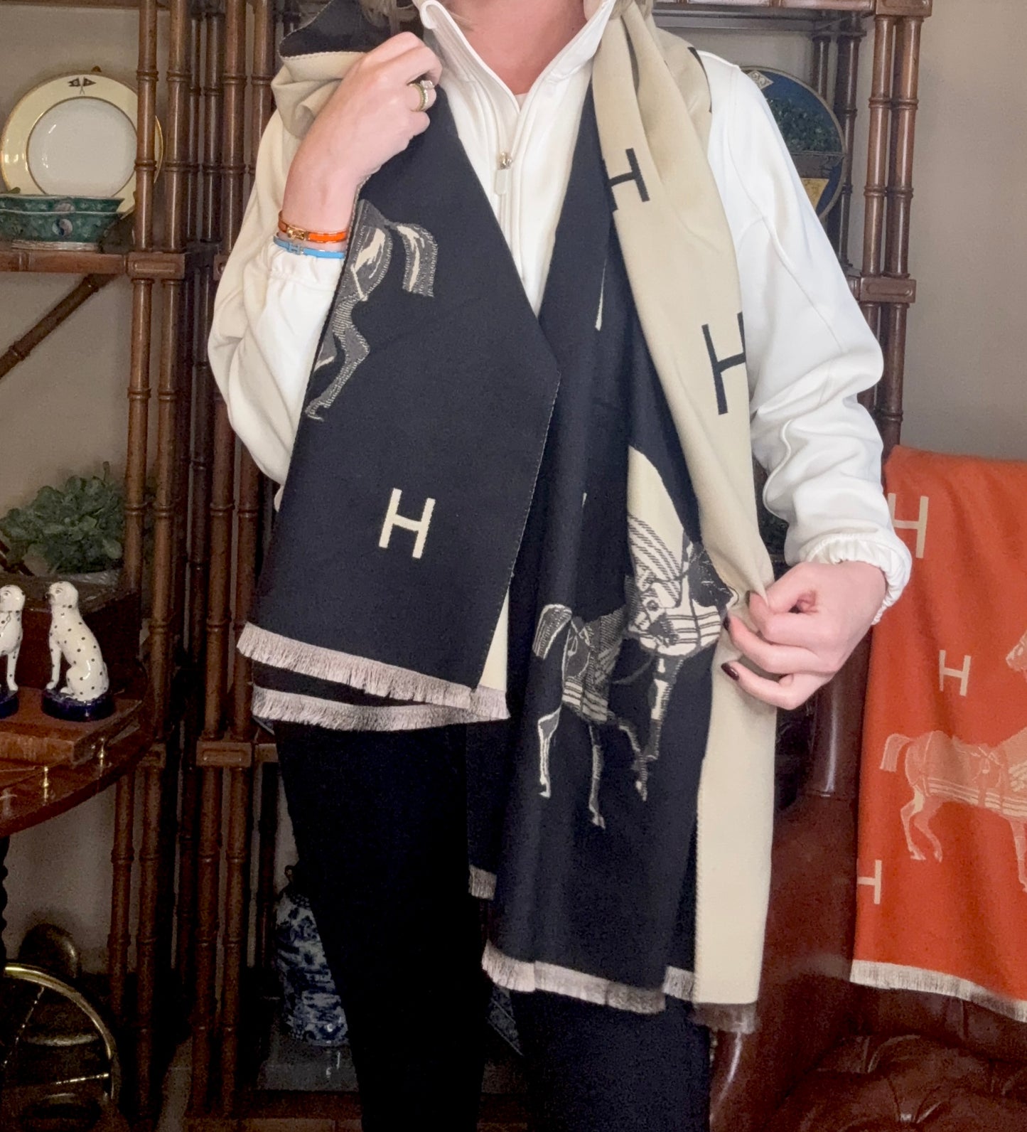 Equestrian Black & Cream Reversible “H” Stable Scarf/ Wrap: One Size