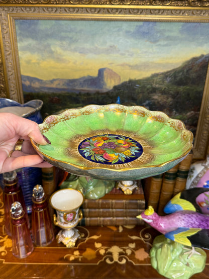 Antique Minton Hand-Painted Cabinet Plate with Fruit Center & Iridescent Green Border | 9”