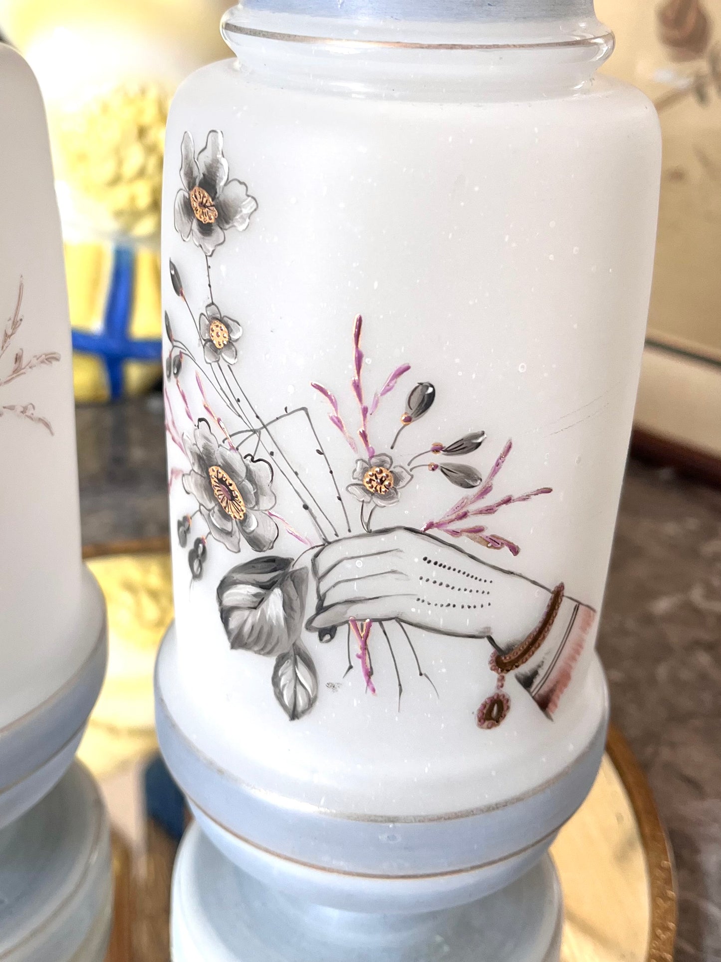 Unique Pair Of Hand Painted Bristol Glass Vases With Left/Right Hands And Flowers 9”