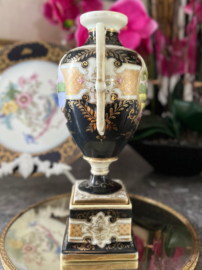 Live 06/22 Early Noritake Moriage Scenic Two-Handled Pedestal Vase | Black Ground & Raised Gilding  Old Backstamp