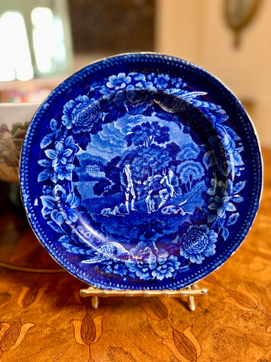 Antique Flow Blue Staffordshire Hunt Scene Plate English Transferware, Early 19th Century (circa 1820–1830s)