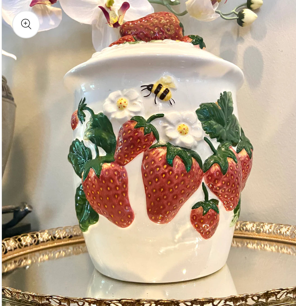 Absolutely adorable large majolica style strawberry cookie jar with lid