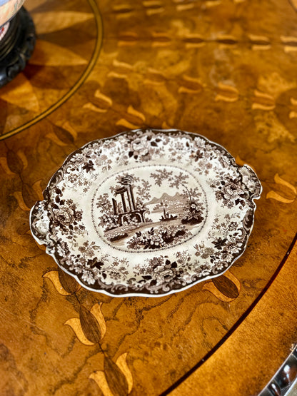 Antique English Corinthian Brown Transferware Pearlware Tureen, Lid & Stand, c. 1830s–1840s