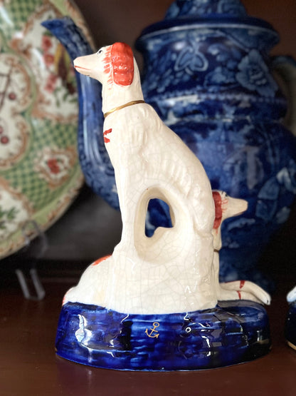 1800’s Pair Of Chelsea England Double Red Spaniel Ink Wells On Cobalt