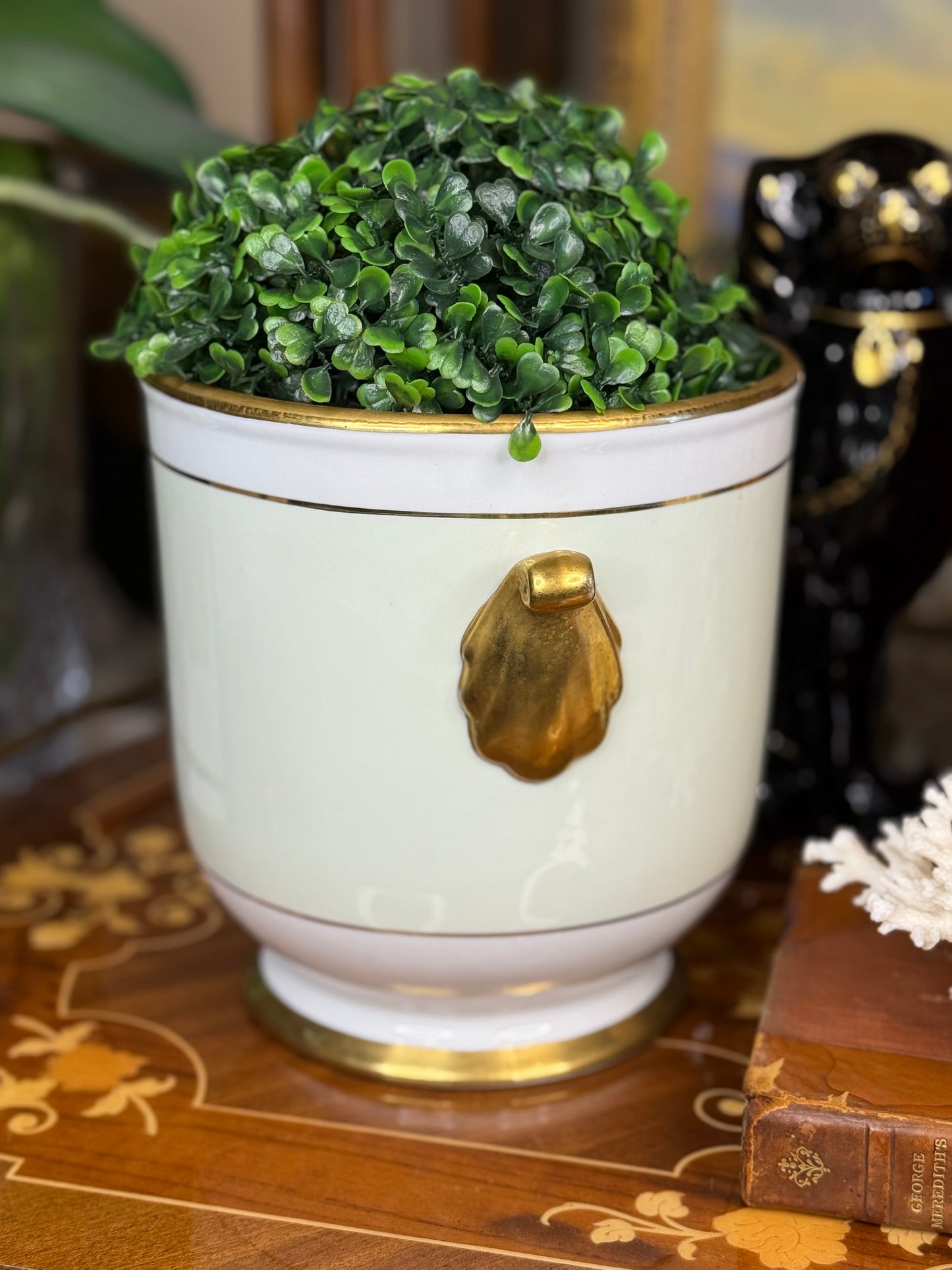 Pair of Green & Gold Porcelain Cachepots – 7” | Classic French-Style Planters