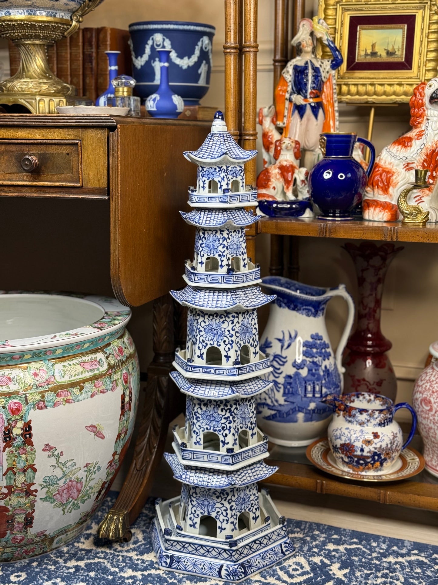 Danny's Fine Porcelain: 30" Tall Blue & White Porcelain Pagoda Tower, 6-Tier Hand-Painted