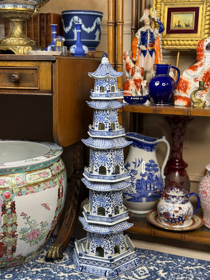 Danny's Fine Porcelain: 30" Tall Blue & White Porcelain Pagoda Tower, 6-Tier Hand-Painted
