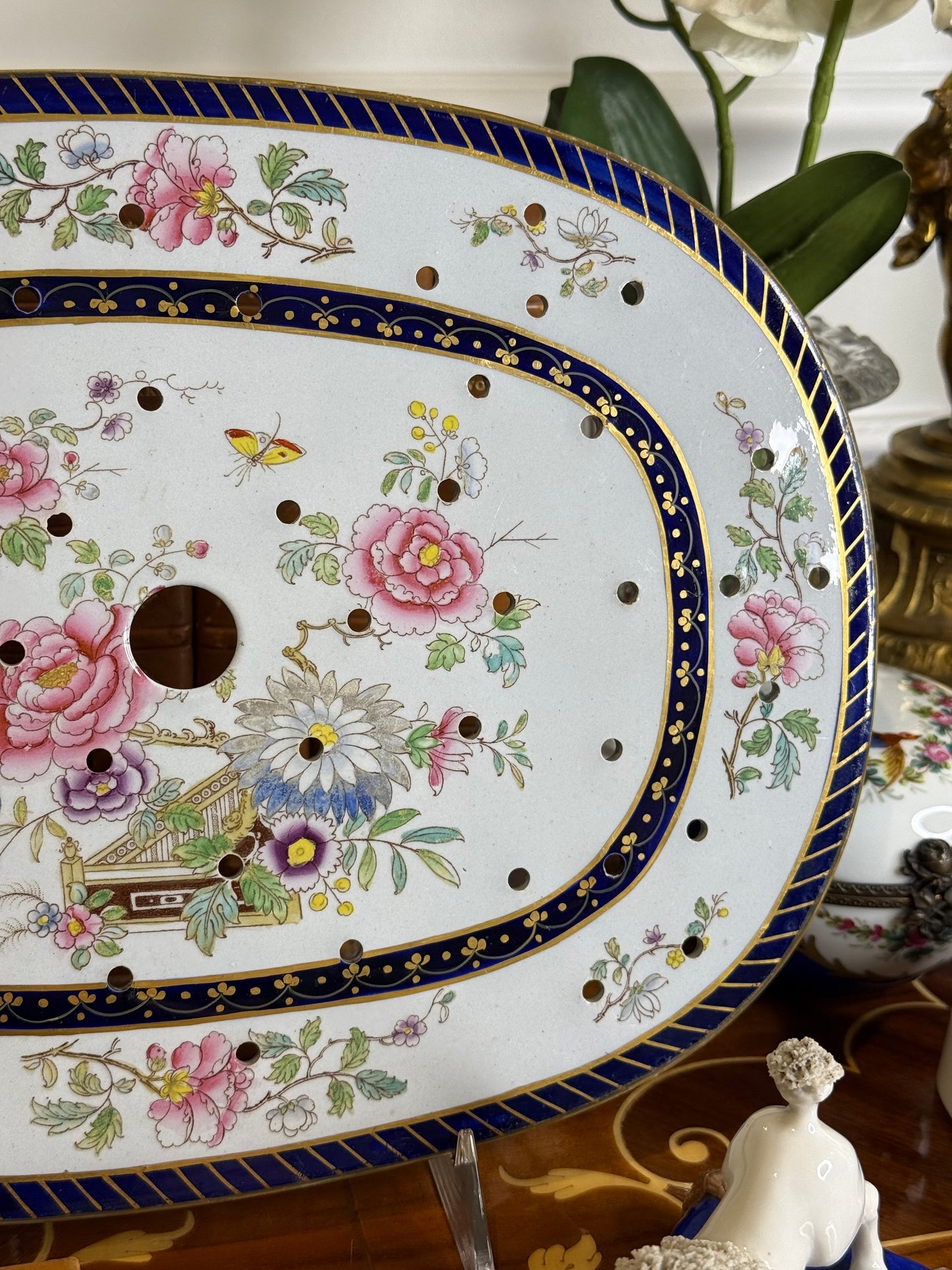Hicks, Meigh & Johnson “Improved Stone China” Meat Drainer Platter, c.1830 | Floral & Cobalt Flow Blue | 12.5” x 9” | #DA4373