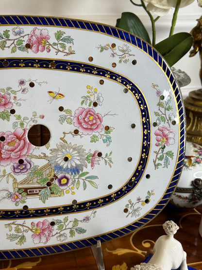 Hicks, Meigh & Johnson “Improved Stone China” Meat Drainer Platter, c.1830 | Floral & Cobalt Flow Blue | 12.5” x 9” | #DA4373