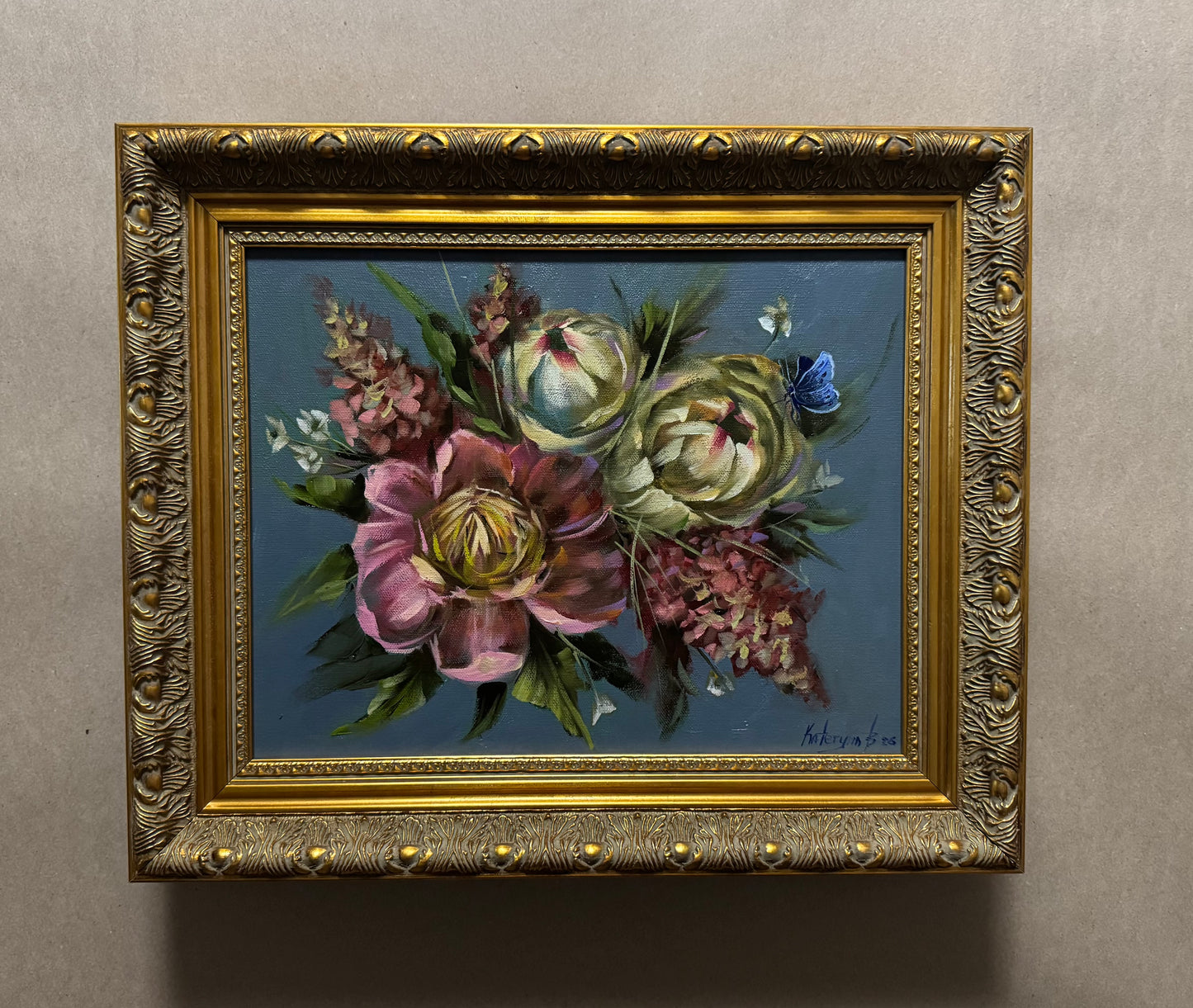 Pink and white peonies with pink hydrangeas original oil painting