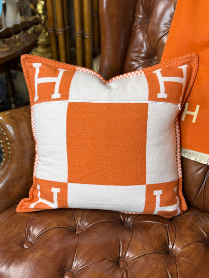 Luxury Equestrian “H” Square Pillow W/Down Insert – Orange, 18x18”