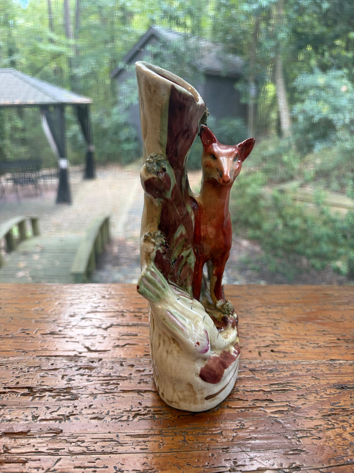Gorgeous antique Staffordshire fox and pheasant spill vase! As is!