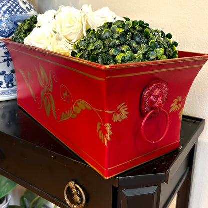 Festive Vintage Red double Lion Head handle tole Planter centerpiece