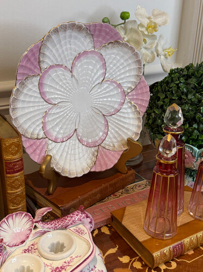 Antique German Porcelain Oyster Plate | Pink, White & Gold Radial Shell Arrangement | 10.5” Diameter