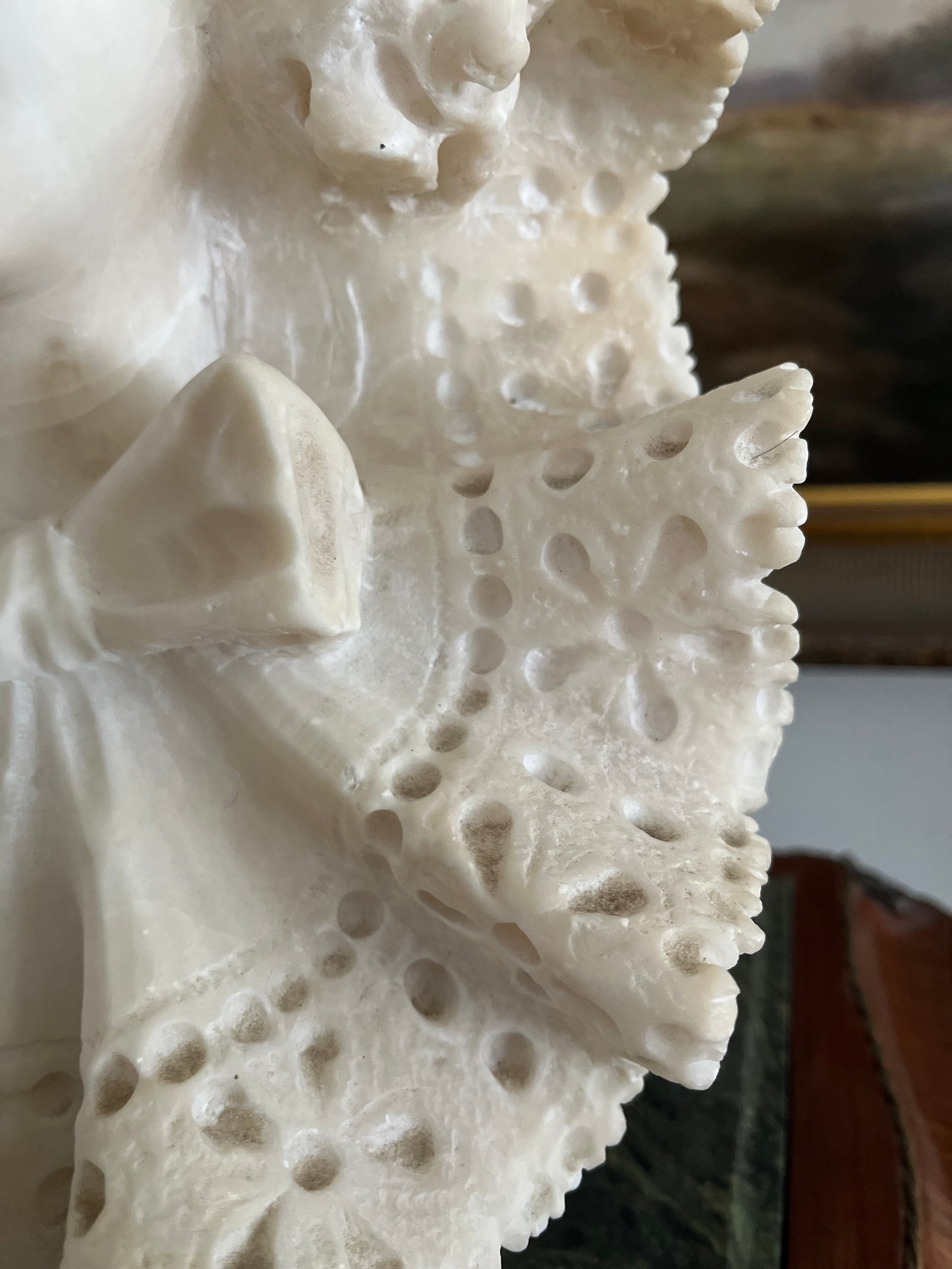 Whisper of Lace — Intricate Detailed Victorian Alabaster Lady Bust on Marble Plinth Circa 1880-1910 - 15”