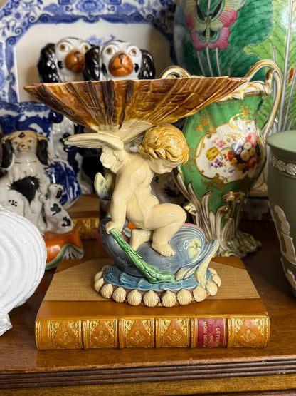 Antique Minton Majolica Cherub Sweetmeat Dish | Dolphin Shell Centerpiece | Victorian English Pottery c.1870 | Style #D251
