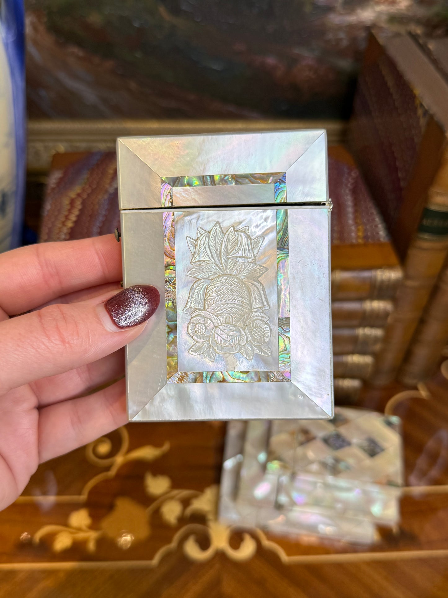 Antique Mother of Pearl Business Card Case with Silver Beehive Cartouche | Monogrammed HLF