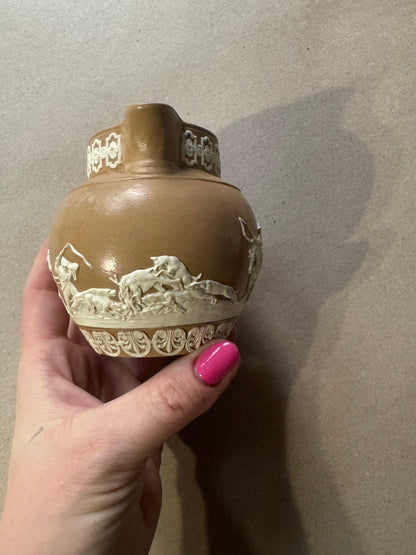 Light brown Wedgwood antique pitcher with hunting scene 4”