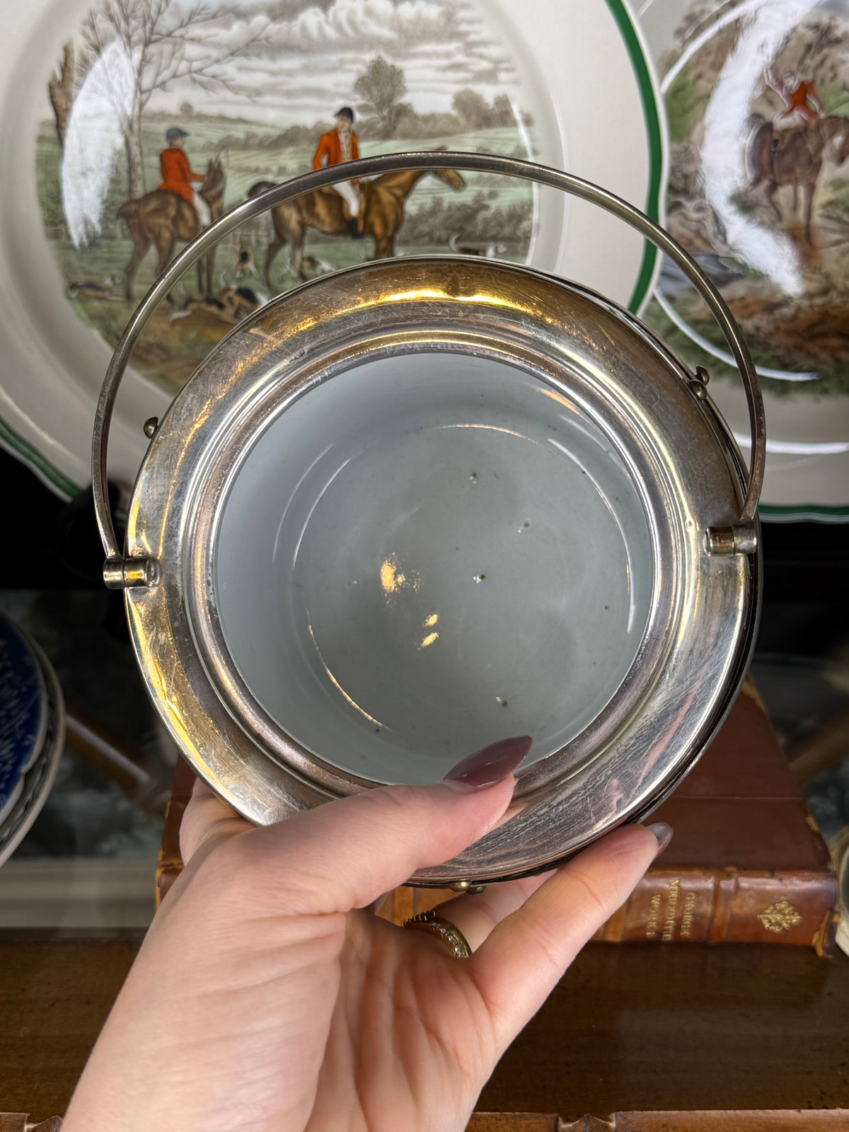 RESERVED - MOLL - Antique English Oak Biscuit Barrel with Silver Plate Mounts, Ceramic Liner & Swing Handle, c.1900, 7” H x 6.25” D
