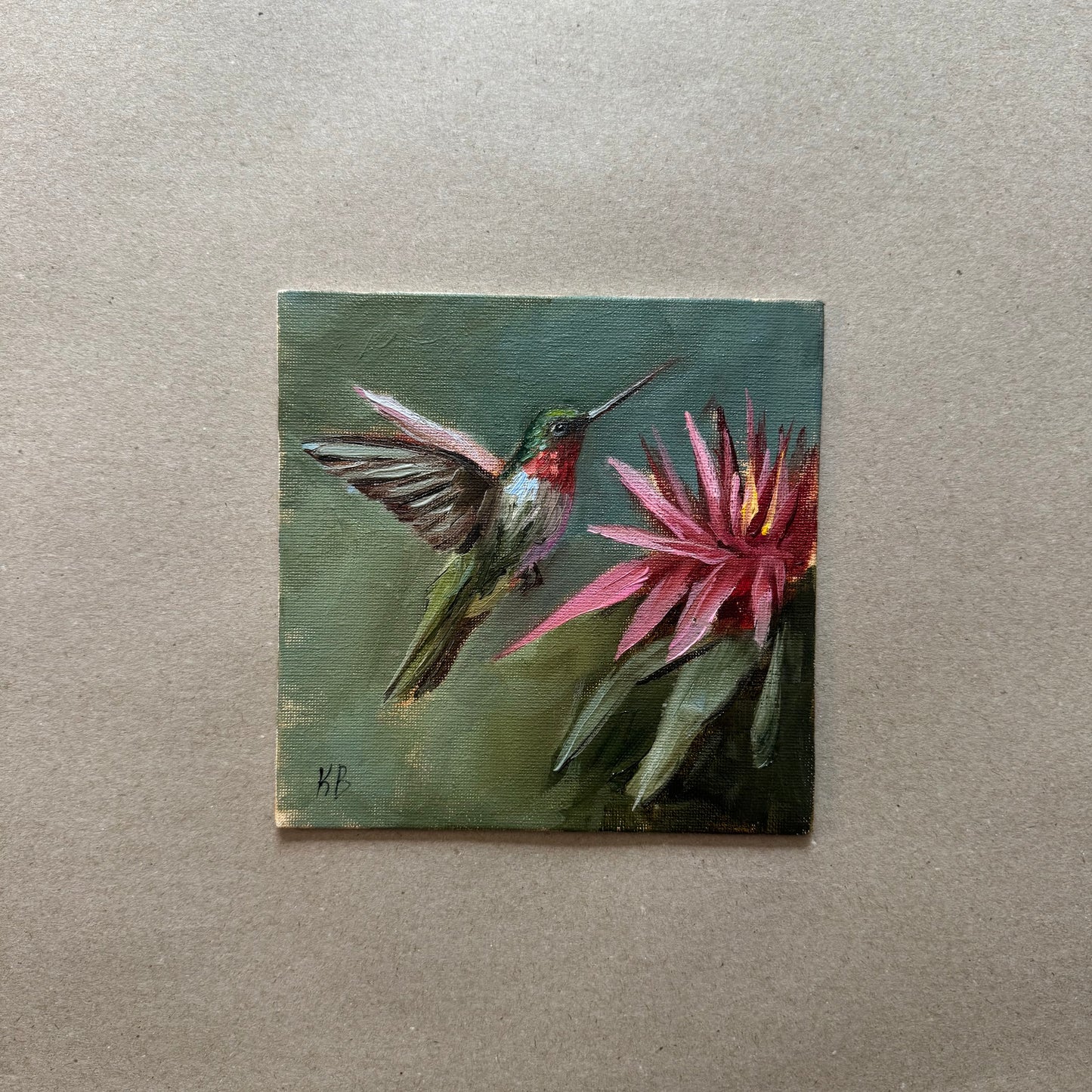 Live 08/11 Hummingbird and pink flower original oil painting framed in wooden gold frame 9.5x9.5”