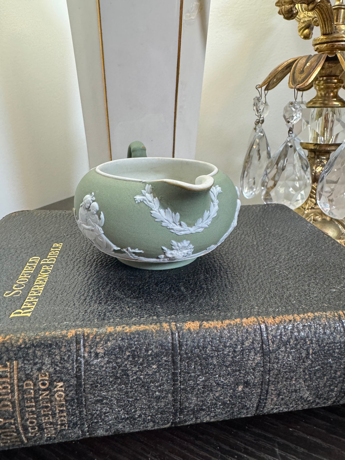 Wedgwood antique creamer sage green jasperware