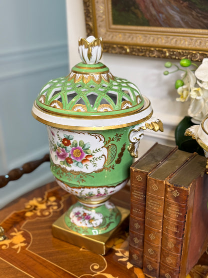 STUNNING - 16” Tall, Chelsea House Green Lattice Porcelain Urn Pair with Domed Covers & Finials