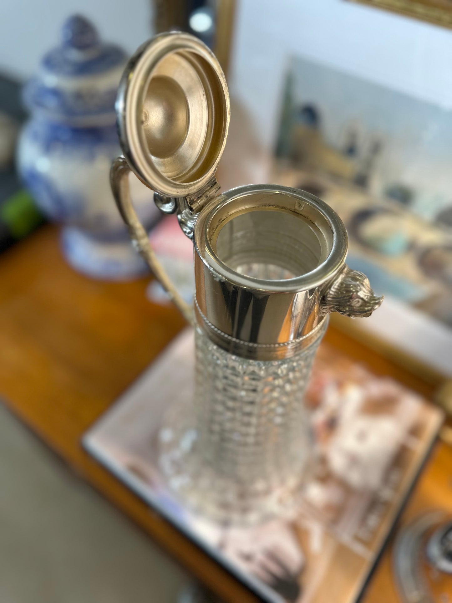 Vintage Silver-Plate & Cut Crystal Claret Jug (Mid-20th Century), 14"