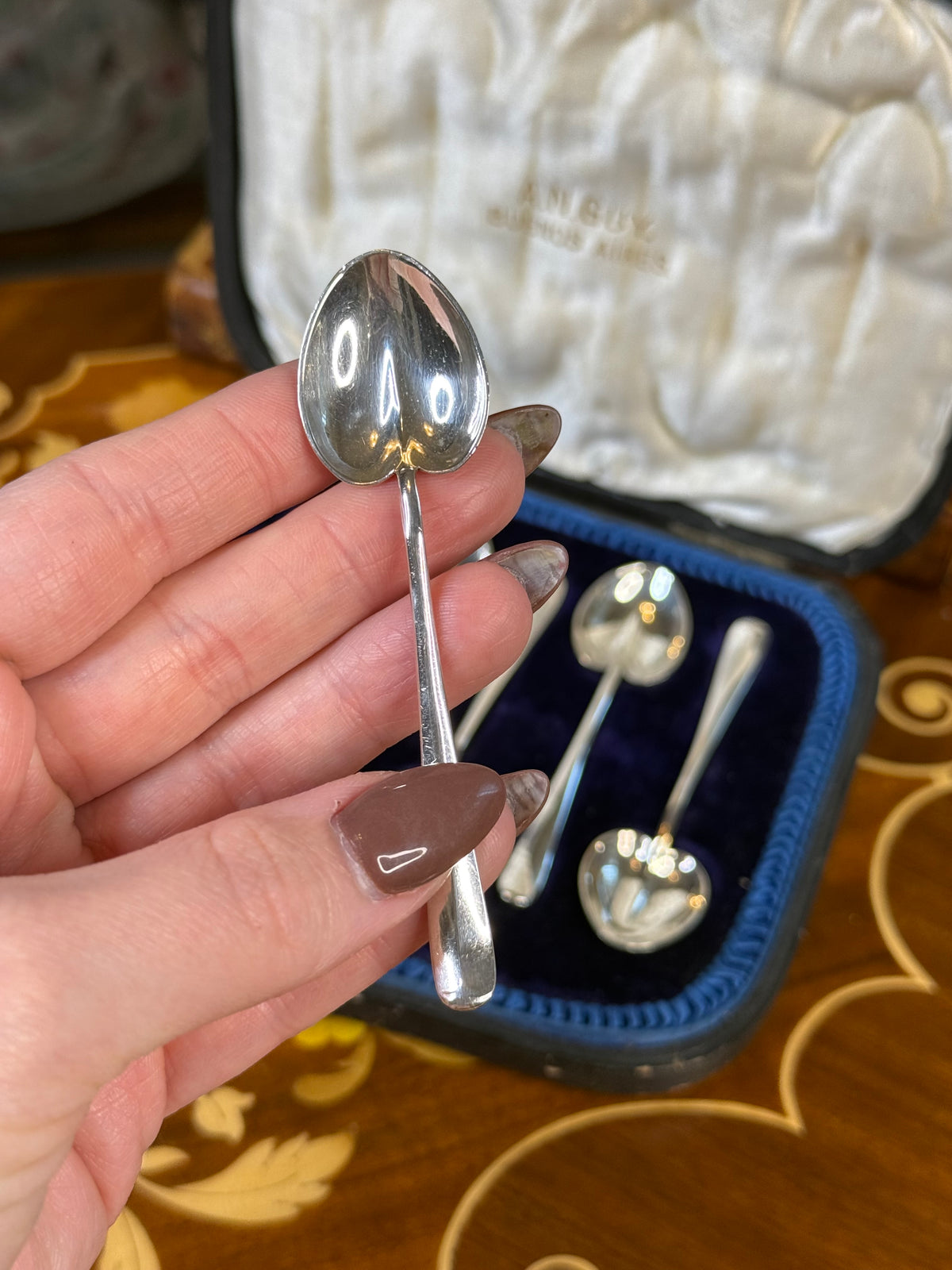 Antique Sterling Silver Heart-Shaped Coffee Spoons | Boxed Set of Six | A.N. Guy Buenos Aires | DA2652