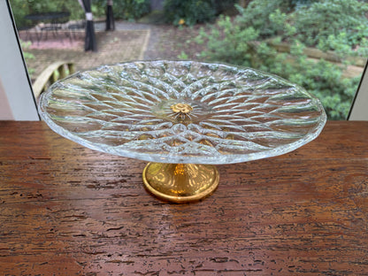 Stunning Val St. Lambert pedestal cake platter with gold plated base and floral detail!