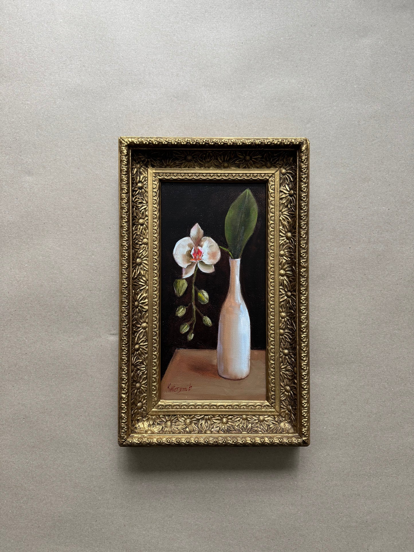 White orchid in a vase original oil painting in wooden vintage floral frame
