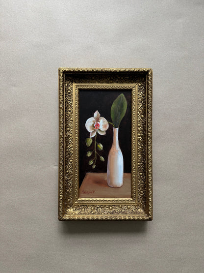 White orchid in a vase original oil painting in wooden vintage floral frame