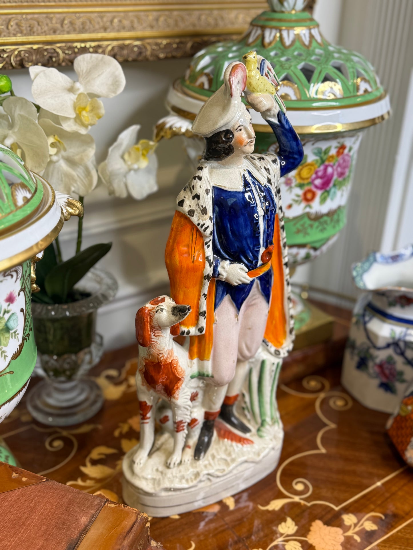 Antique Staffordshire Figure of Huntsman with Dog & Bird – 14” Tall Hand-Painted English Pottery