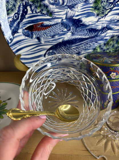 Sparkling Waterford crystal lidded condiment jar with FB Roger’s Gold Spoon!