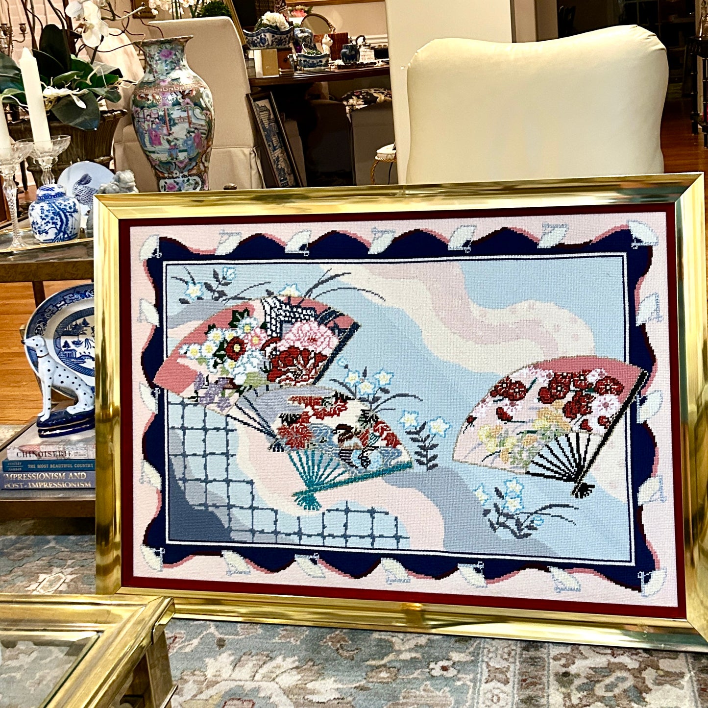 Absolutely stunning massive custom needlepoint vintage art gold custom frame 41 x 29