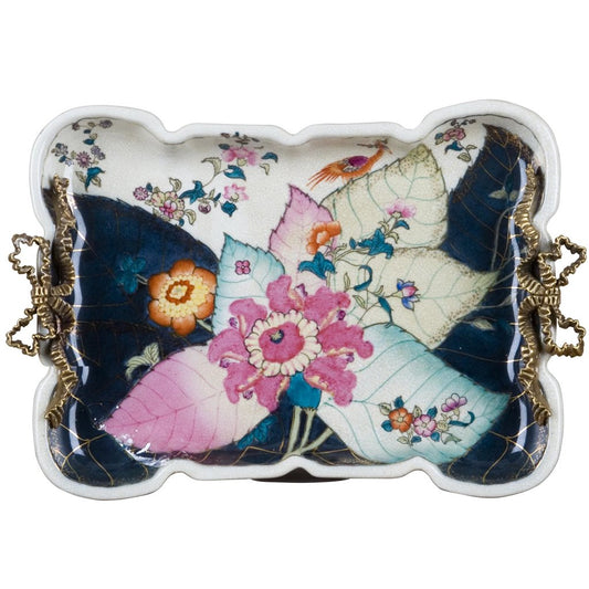 Stunning! Hand painted porcelain Tobacco Leaf tray with bronze detail handles. Dimension:14L x 8.5W x 1H.