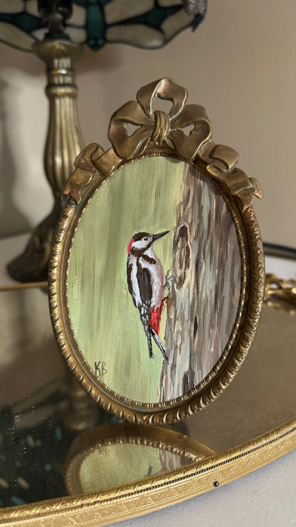 Day 7 Original oil painting of woodpecker in vintage brass frame