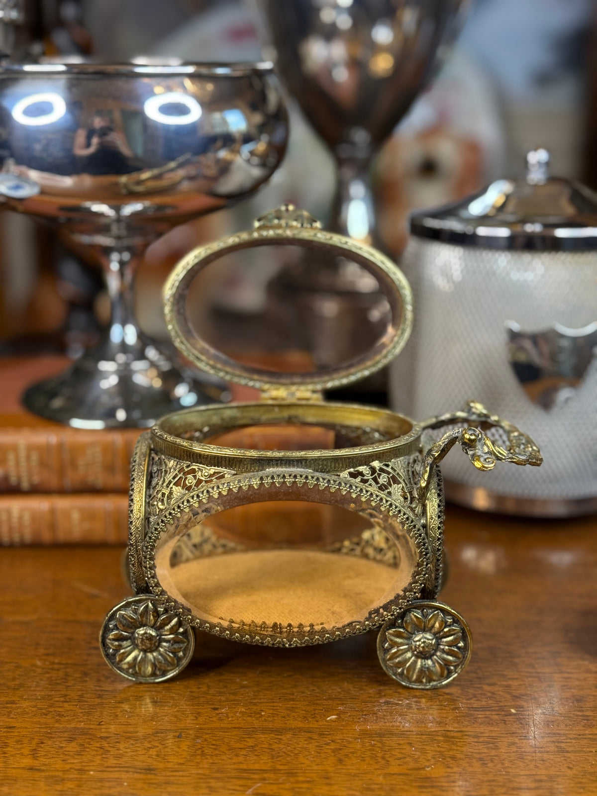 Vintage Ormolu Carriage Jewelry Casket with Amber Bubble Glass– 6”L