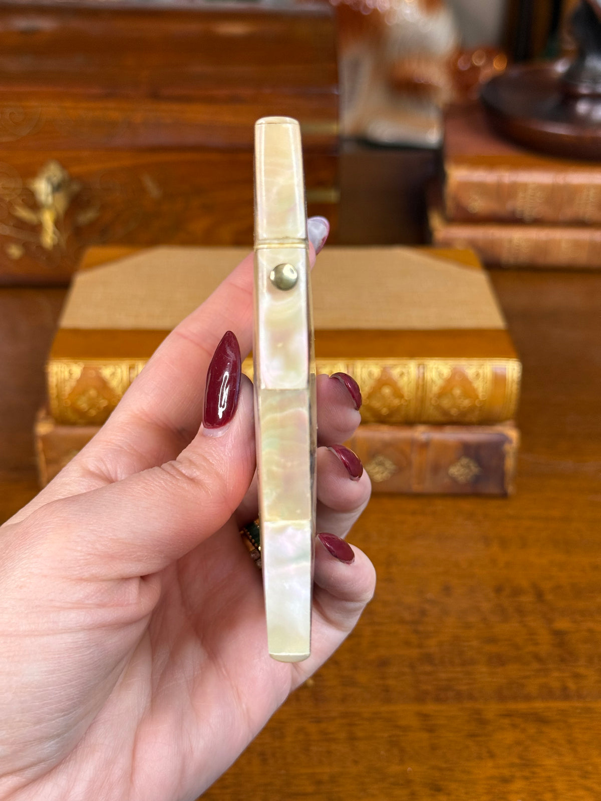 Antique Victorian Mother of Pearl & Abalone Calling Card Case with Sterling Silver Cartouche, c. 1880 – 3.25”