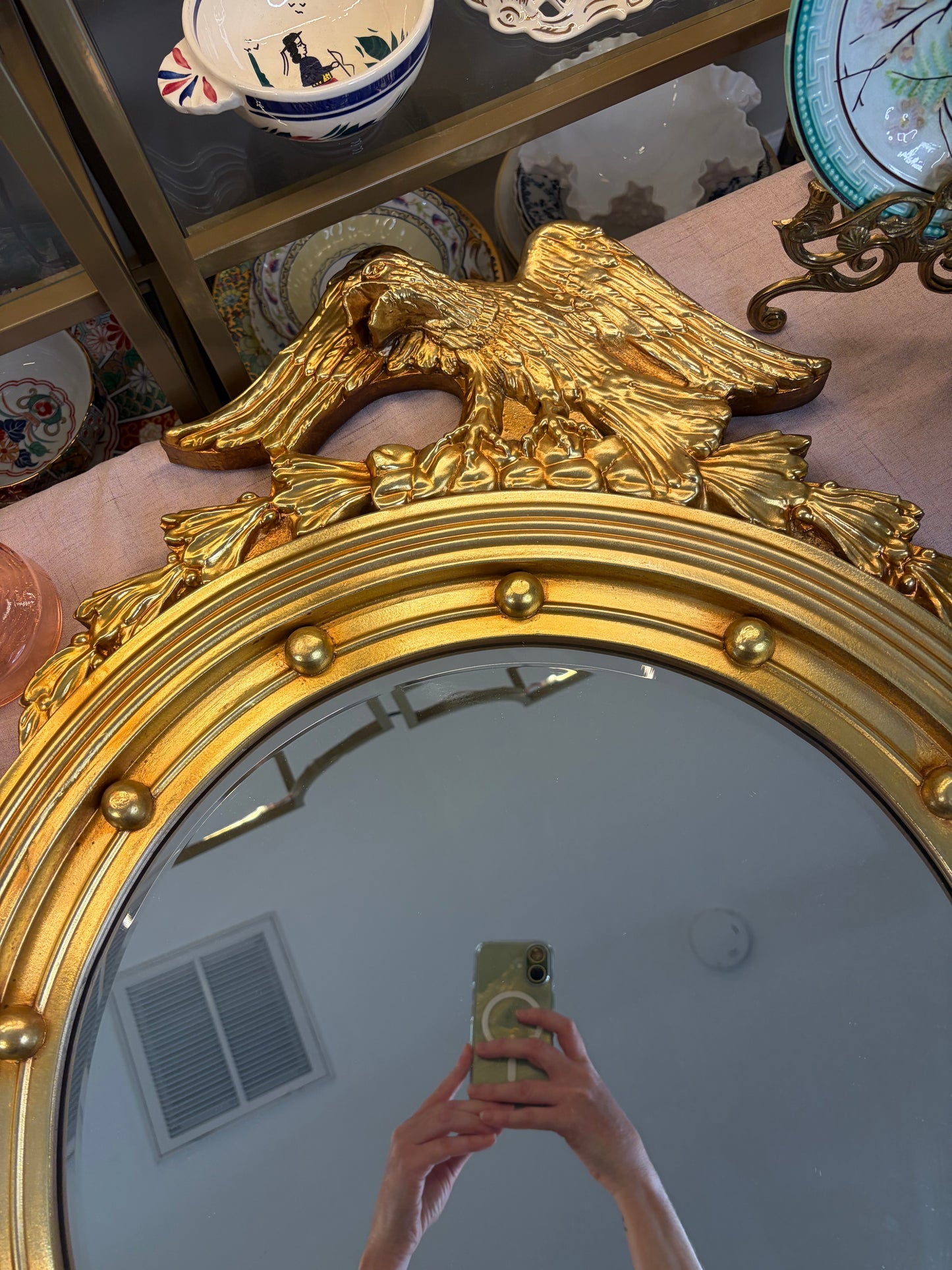 Stunning American Federal Eagle Bullseye Gold Gilt wood mirror! Measures 32.5” x 23 1/4”.