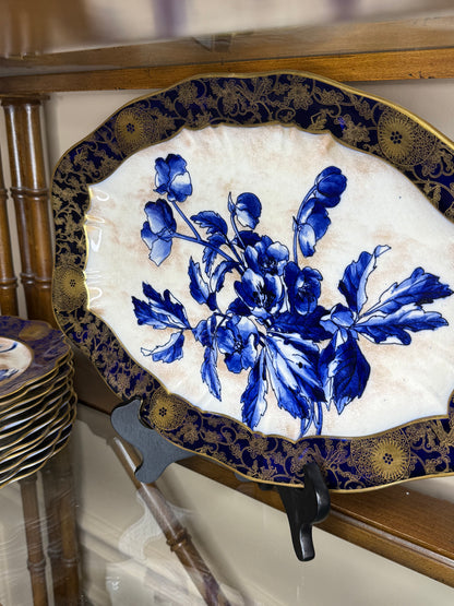 Antique Doulton Burslem “Blue Iris” Platter & (12) Scalloped 9.5”D Plates | England, c. 1890–1902