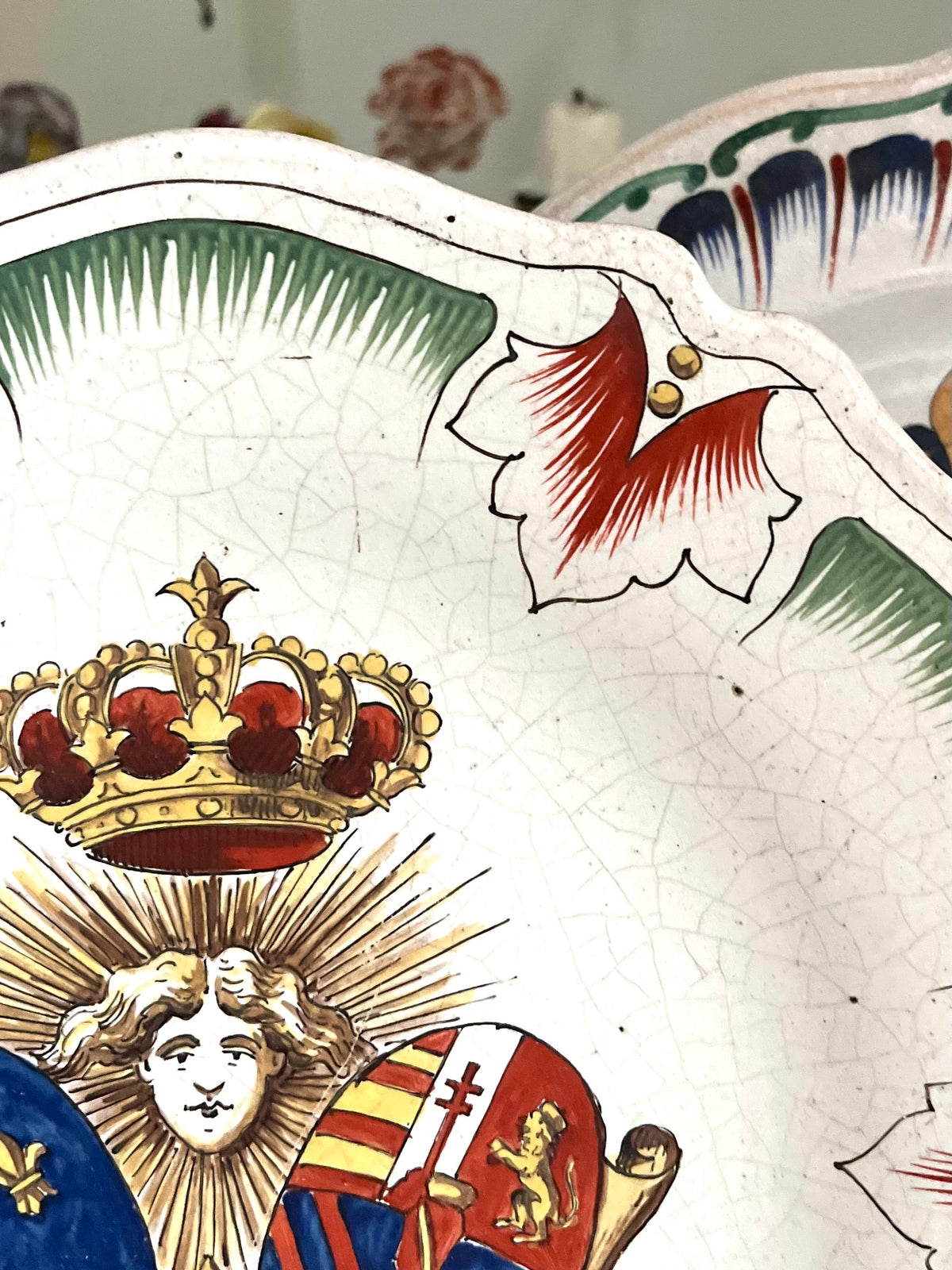 Live 09/29 Antique French Faience Royal Armorial Plate, Sun King & Alliance Arms of France and Austria, c. 1880–1920