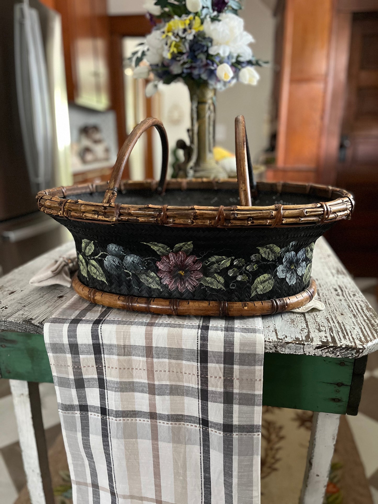 Live 06/29 Vintage Tracy Porter Hand-Painted Woven Market Basket with Bamboo Trim 23 1/2 x 17 X 8