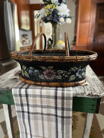 Live 06/29 Vintage Tracy Porter Hand-Painted Woven Market Basket with Bamboo Trim 23 1/2 x 17 X 8