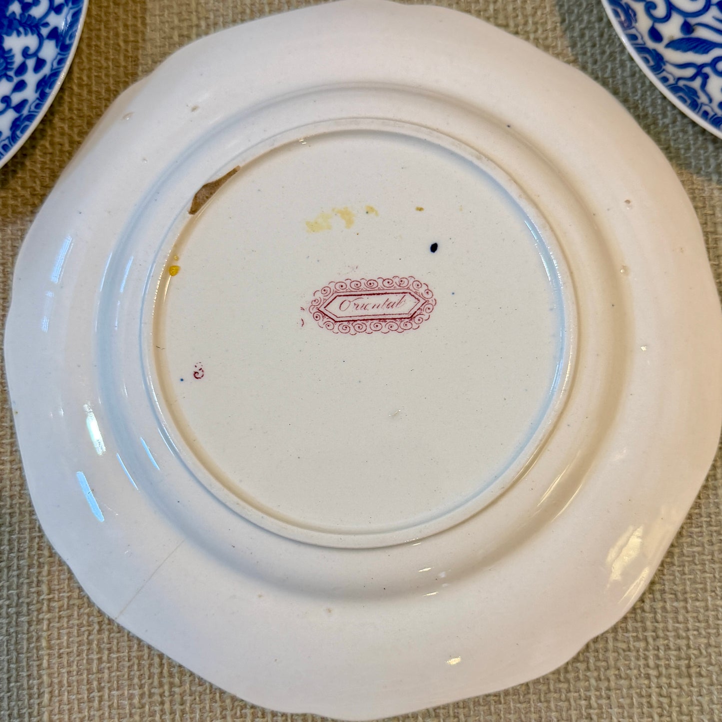 Pair 2 Designer Oriental antique English Chinese Pink Red Pagoda plates 7.25d