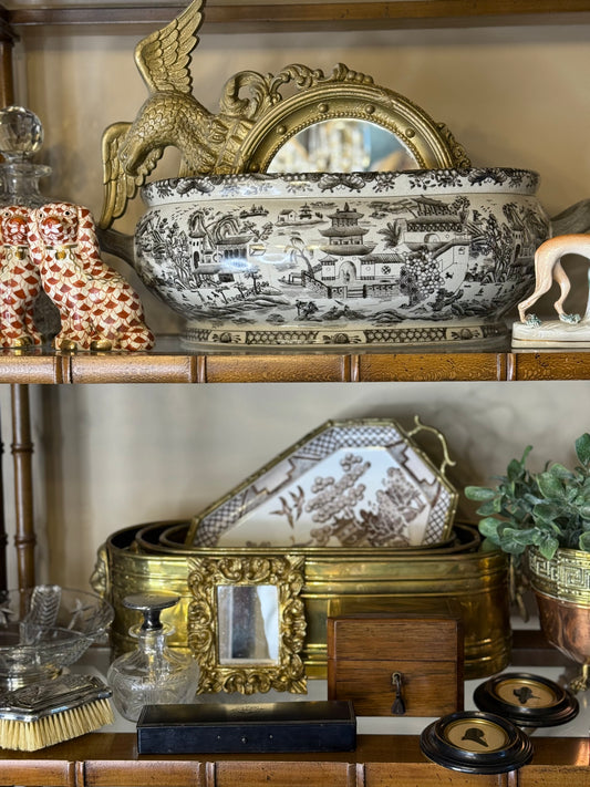 Danny's Fine Porcelain: 21.5L X 14W X 7H Porcelain Basin Footbath - Black And White Willow pagoda Pattern