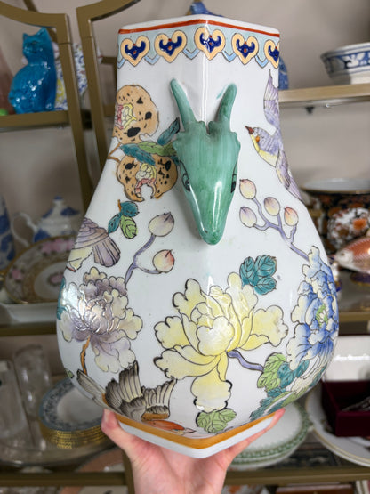 Stunning chinoiserie vase with birds and florals and deer handles!