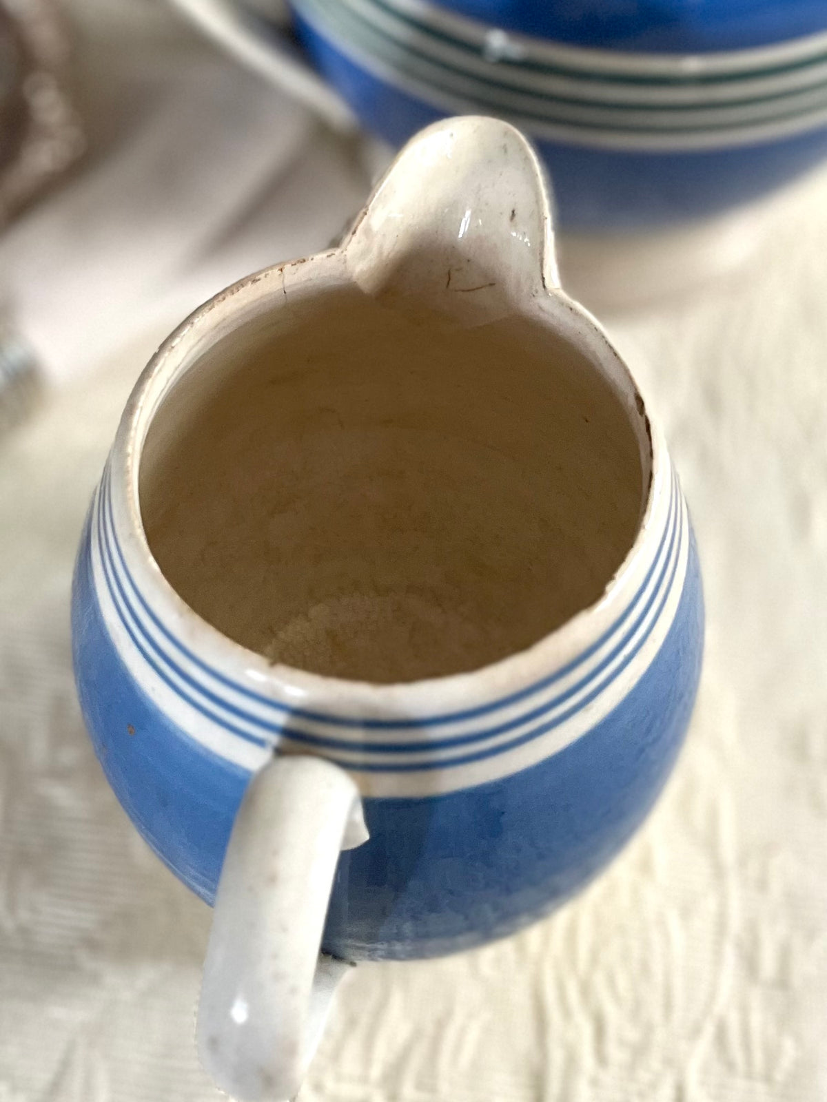 Live 09/15 Antique English Blue Banded Mocha Ware Milk Pitcher | c. 1890–1920