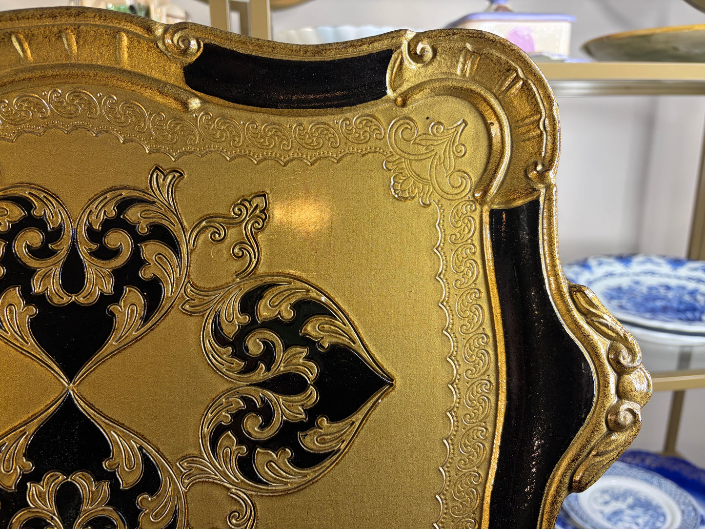 Gorgeous large Florentine gold and black tray with handles!