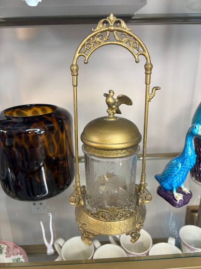 Stunning antique pickle jar in cast metal with bird details!